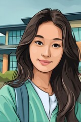Inspiring school portrait of a girl in a teal uniform, standing confidently before a creative, colorful school building.