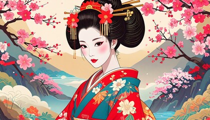 Portrait of a woman in traditional Japanese attire amidst blooming cherry blossoms