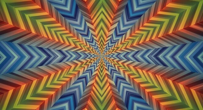 A vibrant, kaleidoscopic starburst pattern with radiating chevron stripes in rainbow colors, creating a hypnotic optical illusion.