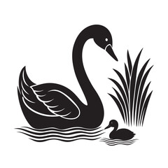 Swan Feeding Cygnet On Lake Silhouette