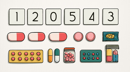 Various types of pills and medication arranged with unique numbers on a neutral background