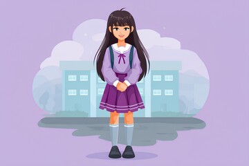 Proud young learner in a neat purple uniform smiling in front of a vibrant, colorful school structure.