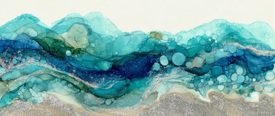 An abstract design with organic shapes, teal and gray marble, and gold accents set against a white background