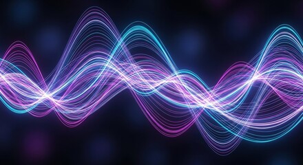 Abstract visualization of sound waves with glowing neon lines in shades of purple and blue against a dark background.