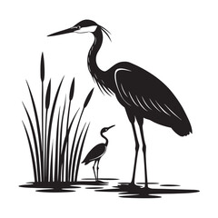Heron Feeding Young Chick Vector Silhouette