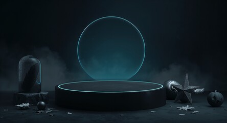 Halloween blue halo moon over black podium with metallic jack o lantern, moody night, Generative AI