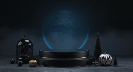 Dark fantasy scene with glowing ring and fir silhouettes, Generative AI