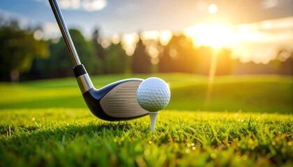 Golf ball on tee is about to be struck as sun sets on a lush green course