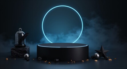 Elegant black cylinder podium with neon ring and moon aura Halloween set, Generative AI