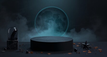 Black podium scene under cloudy moon with gothic decorations, Generative AI