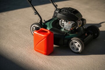 Fototapeta premium Bright red fuel can rests beside metallic lawnmower on clean concrete