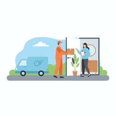 Vector illustration concept of a woman receiving a parcel from a delivery courier via her smartphone screen
