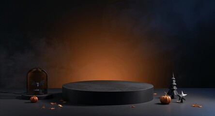 Dark podium scene with pumpkin and candle under orange moon, Generated AI