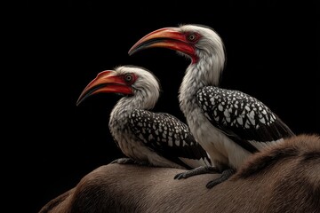 Fototapeta premium Two red-billed hornbills perched on a large animal