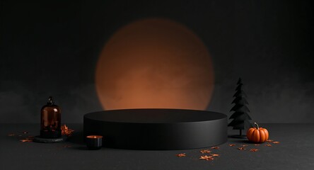 Minimal Halloween podium with pumpkin, candle, and orange moon on dark background, Generated AI