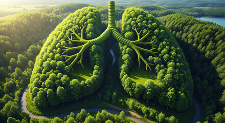 A lush green forest shaped like human lungs, seen from above, symbolizing Earth as the lungs of the world, natural sunlight, high-resolution aerial photography, environmental conservation concept, rea