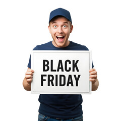 Excited Man Holding A Black Friday Sign With A Happy Expression On His Face
