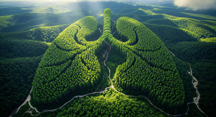 A lush green forest shaped like human lungs, seen from above, symbolizing Earth as the lungs of the world, natural sunlight, high-resolution aerial photography, environmental conservation concept, rea