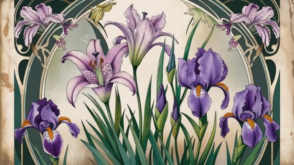 Art Nouveau Floral Arrangement with Irises and Lilies
