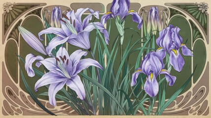 Art Nouveau Lilies and Irises Floral Illustration