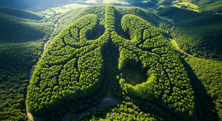 A lush green forest shaped like human lungs, seen from above, symbolizing Earth as the lungs of the world, natural sunlight, high-resolution aerial photography, environmental conservation concept, rea