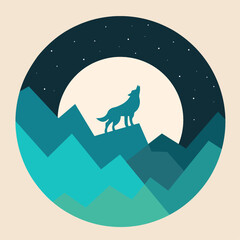 Flat Design Wolf Logo Howling Under Bright Full Moon in the Mountains