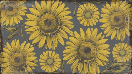 Vintage Sunflowers and Daisies Pattern with Distressed Texture