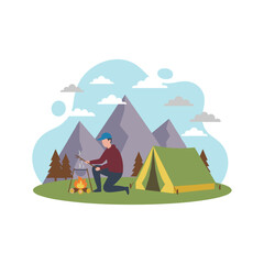 Concept of a man beside a campfire in vector illustration, presented as a flat image on a white background