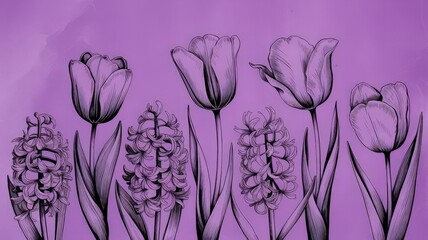 Spring Tulips and Hyacinths Line Art on Purple Background