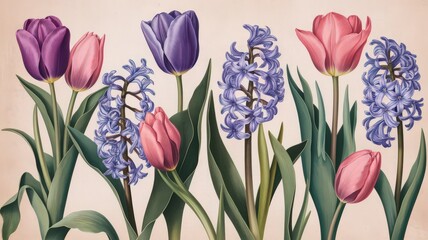 Vintage Botanical Illustration of Spring Flowers