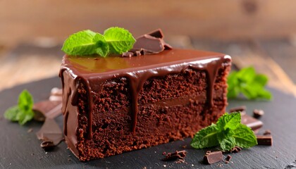 Chocolate cake slice with mint garnish