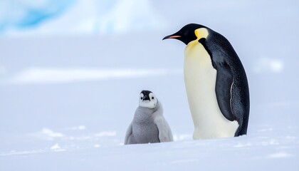 A pair of emperor penguins, one adult and one chick, stand side-by-side on a pristine expanse of snow-covered ice.