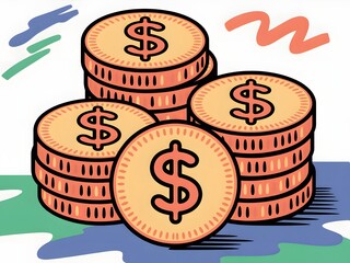 Vibrant Cartoon Illustration of Stacked Dollar Coins with Bold Lines and Playful Colors on Abstract Background