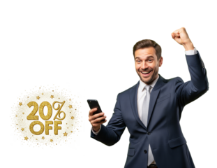 Man in a business suit happy about 20% discounts