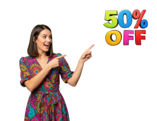 Woman in a colorful dress surprisingly pointing at 50% discounts