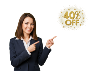 Woman in a business suit joyfully pointing at 40% discounts