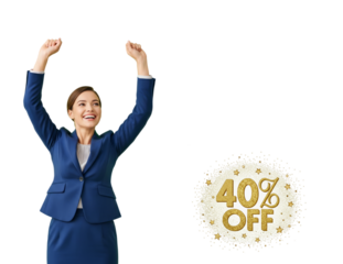 Woman in a blue suit joyfully raising her hands up, happy about a 40% discount