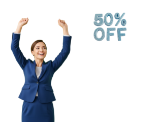 Woman in a blue suit joyfully raising her hands up, happy about a 50% discount