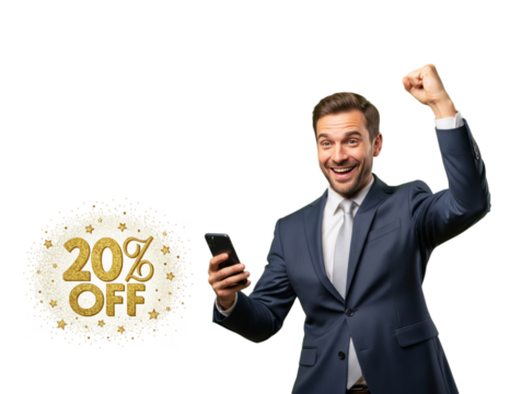 Man in a business suit happy about 20% discounts