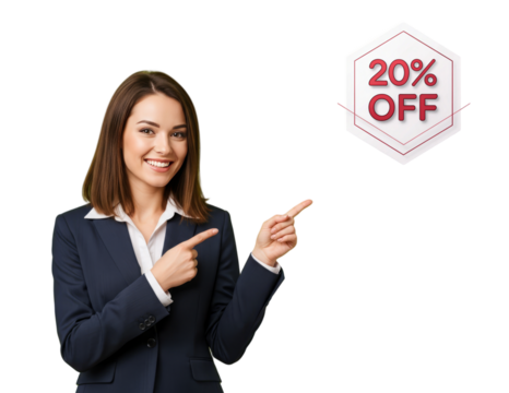 Woman in a business suit joyfully pointing at 20% discounts