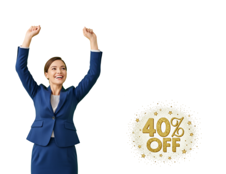 Woman in a blue suit joyfully raising her hands up, happy about a 40% discount
