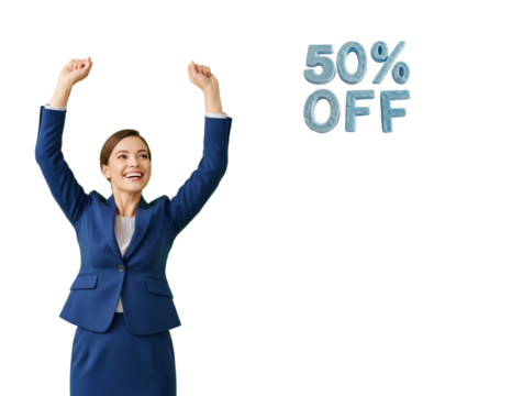Woman in a blue suit joyfully raising her hands up, happy about a 50% discount