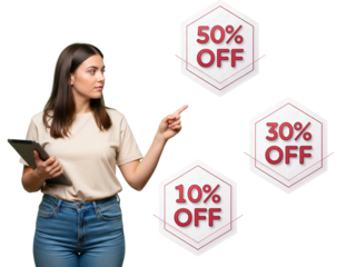 Girl in jeans and a white shirt with a tablet pointing at seasonal discount emblems