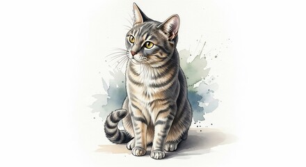 Adorable tabby cat sitting and looking to the side, rendered in a beautiful watercolor style with splatters, perfect for pet-related designs and illustrations