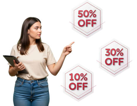 Girl in jeans and a white shirt with a tablet pointing at seasonal discount emblems