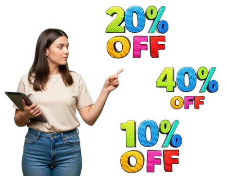 Girl in jeans and a white shirt with a tablet pointing at seasonal discount signs - Powered by Adobe