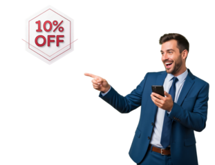 Man in a business suit pointing at seasonal discounts 10%