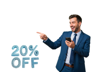 Man in a business suit pointing at seasonal discounts 20%