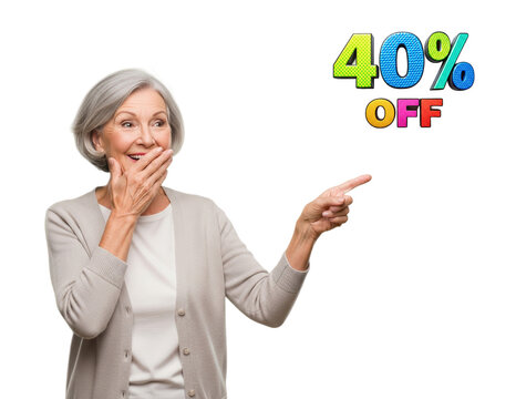 Elderly woman covering her mouth with her hand, pointing at 40% discounts