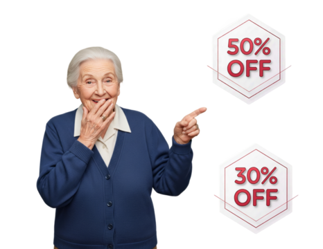 Elderly woman in blue, covering her mouth with her hand and smiling, pointing at discounts